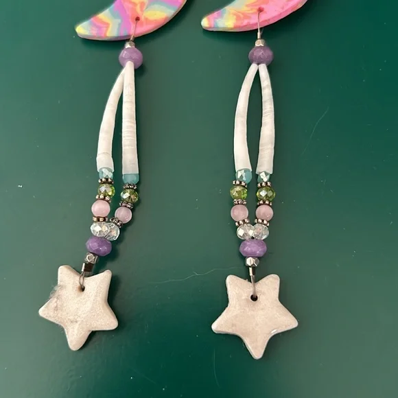 Whimsical star and moon rainbow statement earrings - Picture 3 of 5